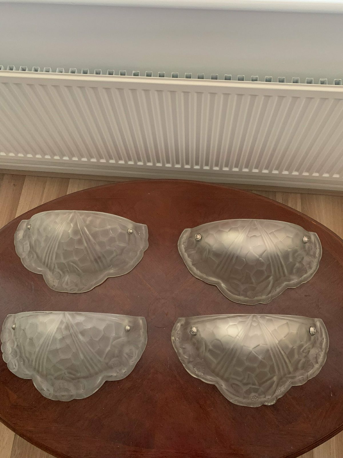 photo for sale An Original Antique Pair Of French Art Deco Pressed Frosted Glass Odeon Wall Lights/Sconces By Degue