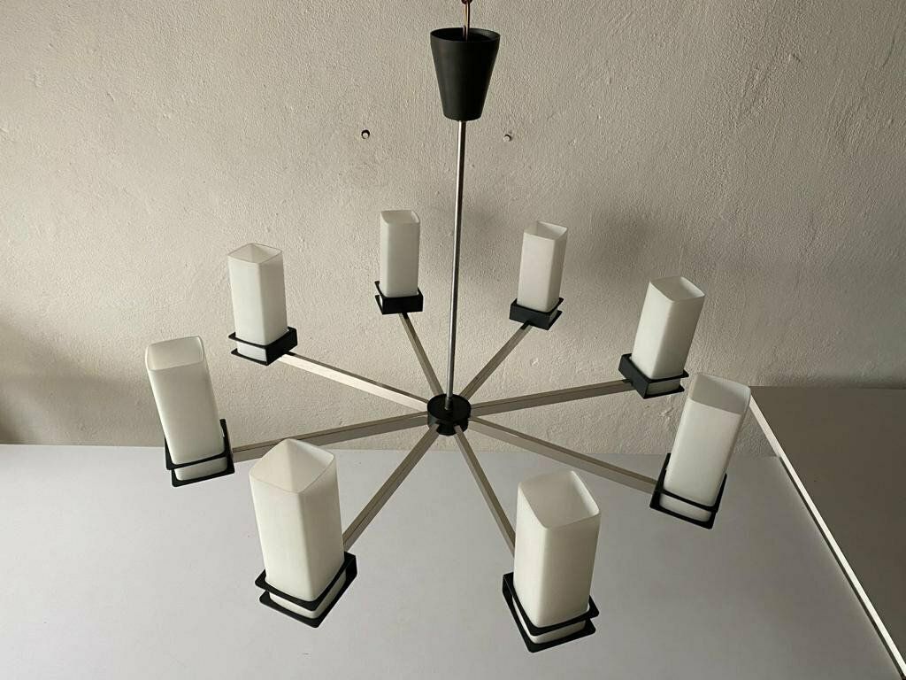 Excellent 8 Cylinder Opal Glass Tubes And Black Chrome Metal Body Atomic Xxl Chandelier, 1970s, Germany