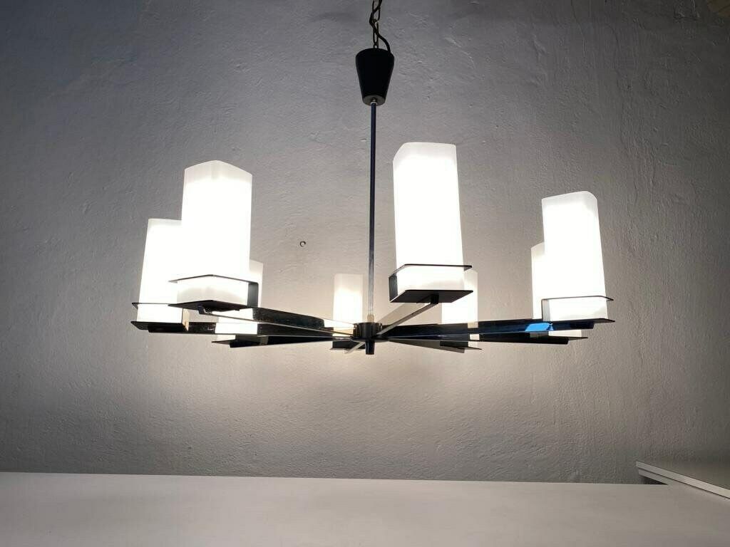 photo furniture Excellent 8 Cylinder Opal Glass Tubes And Black Chrome Metal Body Atomic Xxl Chandelier, 1970s, Germany