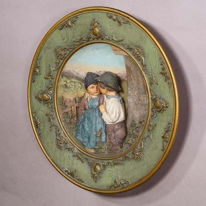 Terracotta Wall Plate With Lovely Children In Traditional Costumes By Johann Mar photo for sale