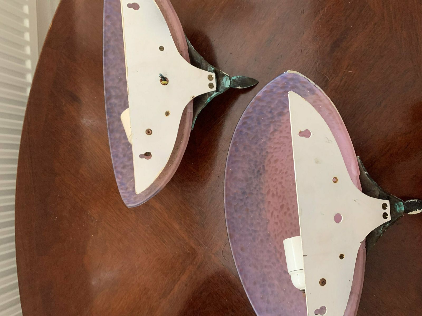 Original Trio Of Retro Vintage Signed ‘Vianne Pour Arta’ Art Deco Style Odeon Pink & Purple Wall Sconces/Lights photo buy