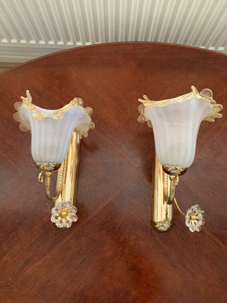 Exquisite Original Vintage Pair Of Gold Plated Odeon Wall Lights With Hand Blown Murano Shades & Swarovski Crystal Flowers photo furniture