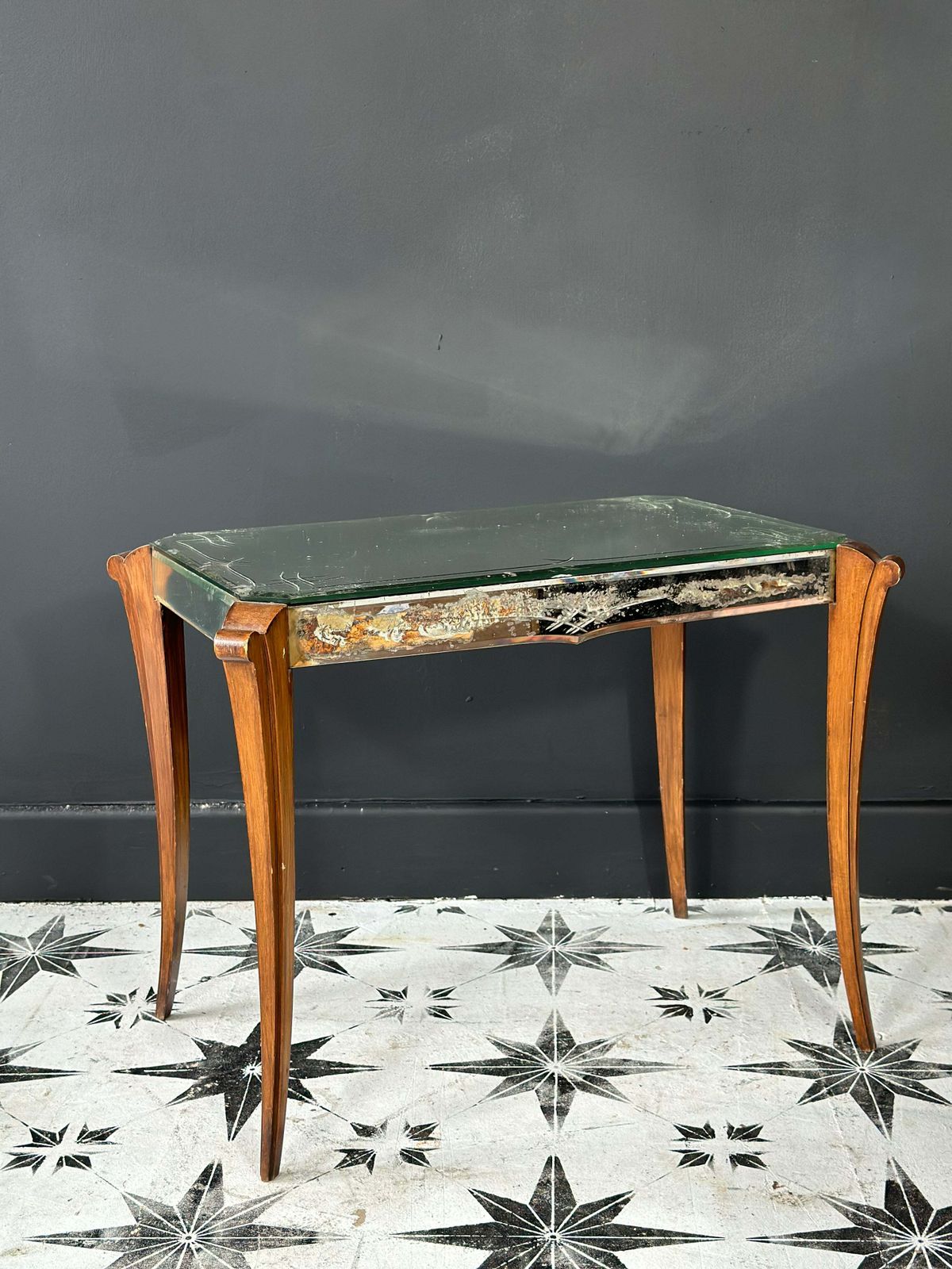 Original French 1930’s Mirror Side Table. Etched Mirror Glass. Dainty French Chic.