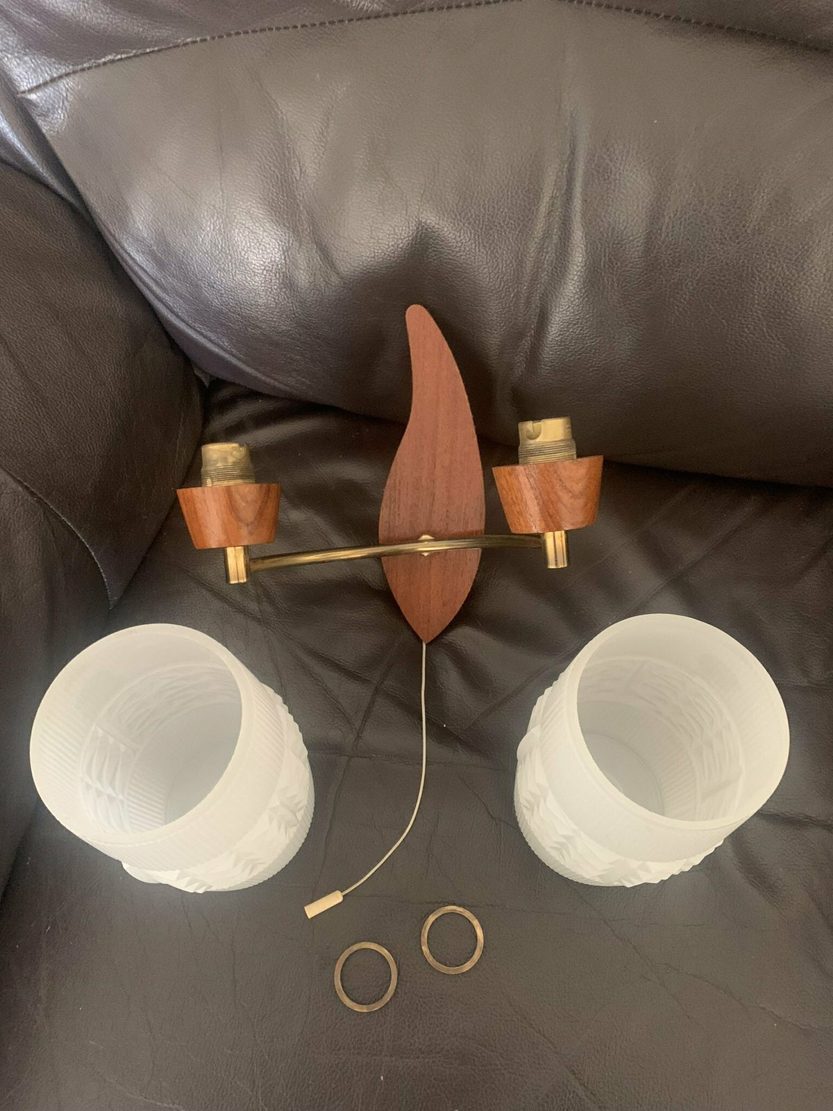Original Mcm Vintage Retro 60s Pair Of Danish Double Pull Chord Wall Lights/Sconces Teak & Opaline Glass Superb photo 550.0