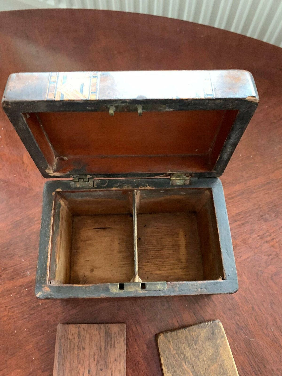 photo for sale Antique Early Victorian Inlaid Marquetry Banded Walnut Tea Caddy