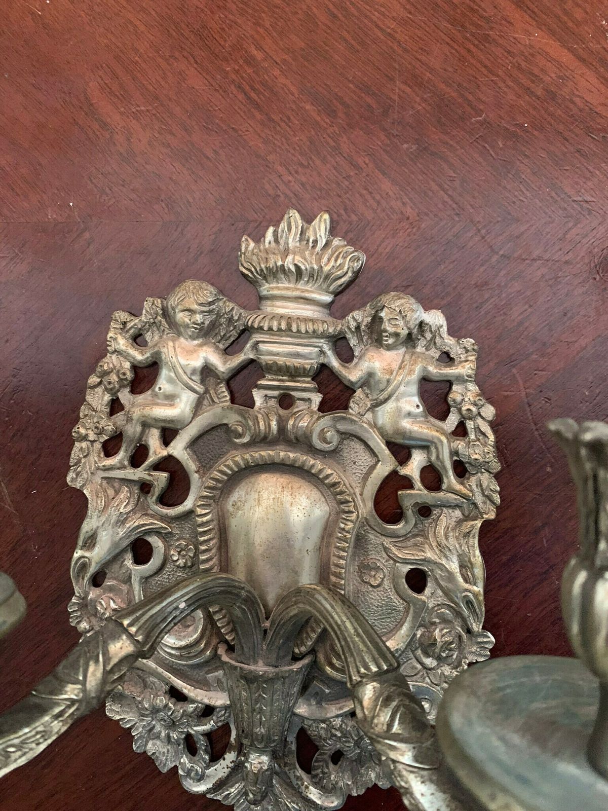 Original Pair Of Antique Rococo Gothic Solid Brass Double Candle Wall Sconces Adorned With Cherubs photo for sale