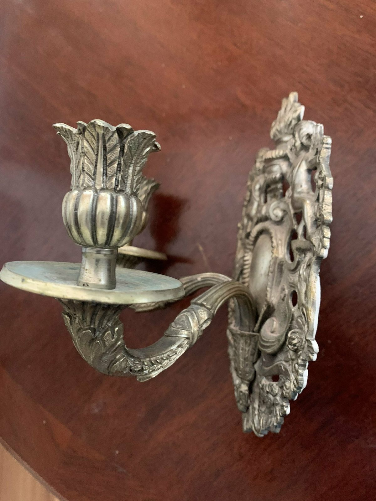 Original Pair Of Antique Rococo Gothic Solid Brass Double Candle Wall Sconces Adorned With Cherubs photo 250.0