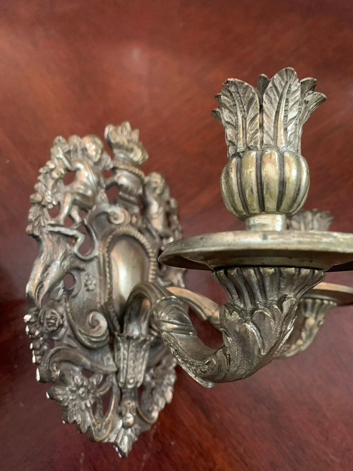 Original Pair Of Antique Rococo Gothic Solid Brass Double Candle Wall Sconces Adorned With Cherubs photo vintage