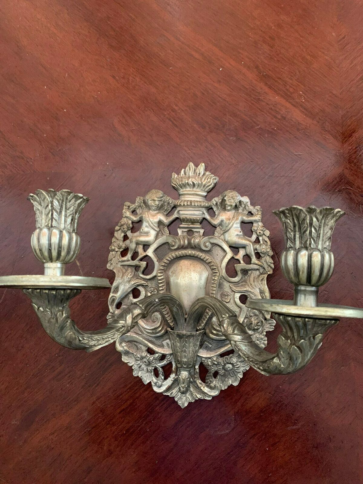 photo for sale Original Pair Of Antique Rococo Gothic Solid Brass Double Candle Wall Sconces Adorned With Cherubs