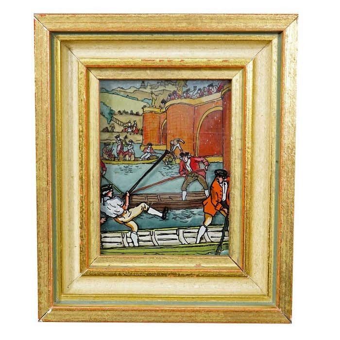 Three Vintage Behind Glass Paintings With Biedermeier Scenes photo Art