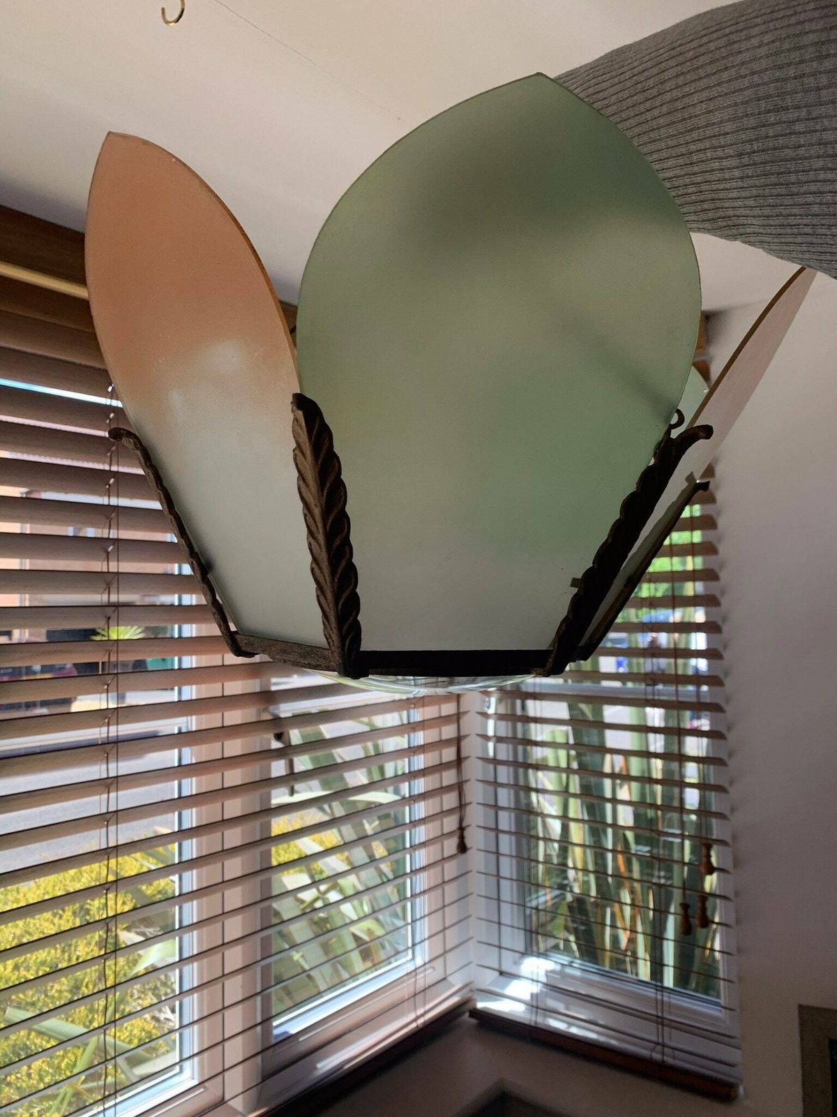 Original Antique Art Nouveau/Art Deco Pink And Green Bronze & Plate Glass Pendant Light Shade