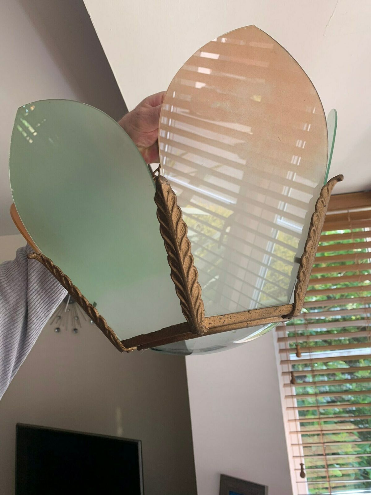 Original Antique Art Nouveau/Art Deco Pink And Green Bronze & Plate Glass Pendant Light Shade photo vintage