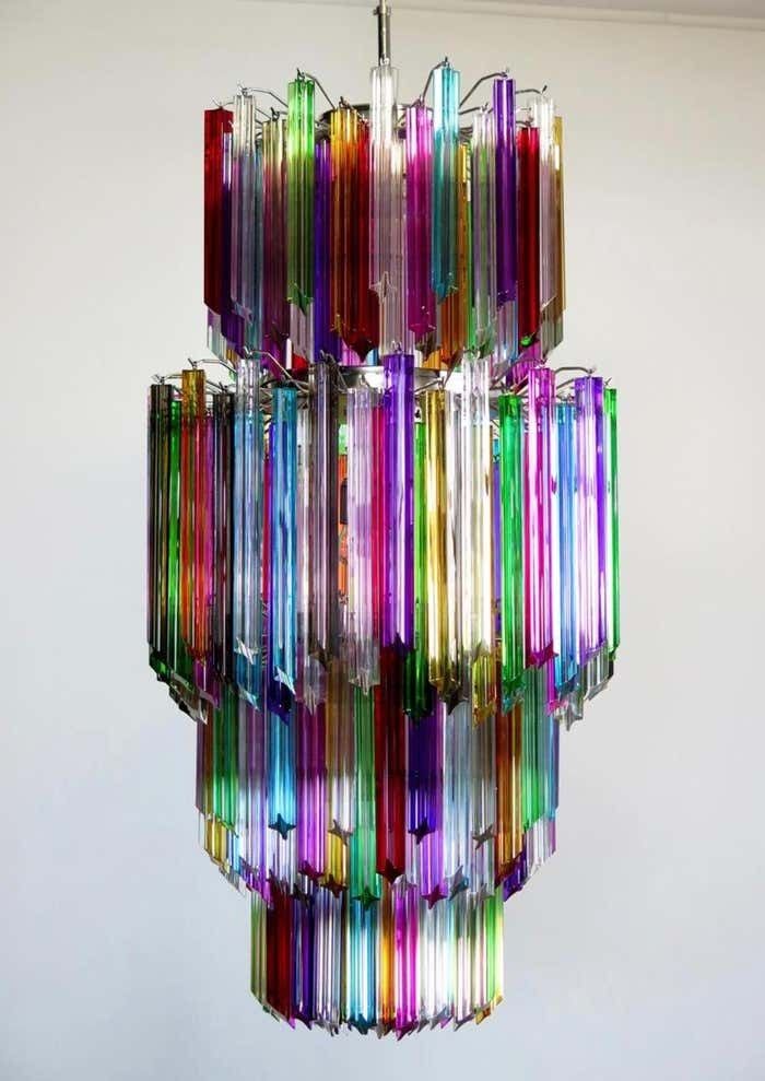 Trio Of Monumental Multicolored Prism Chandeliers, Murano photo vintage