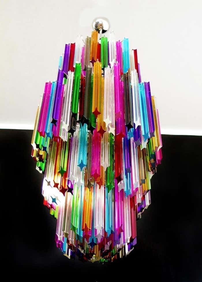 Lighting Trio Of Monumental Multicolored Prism Chandeliers, Murano photo
