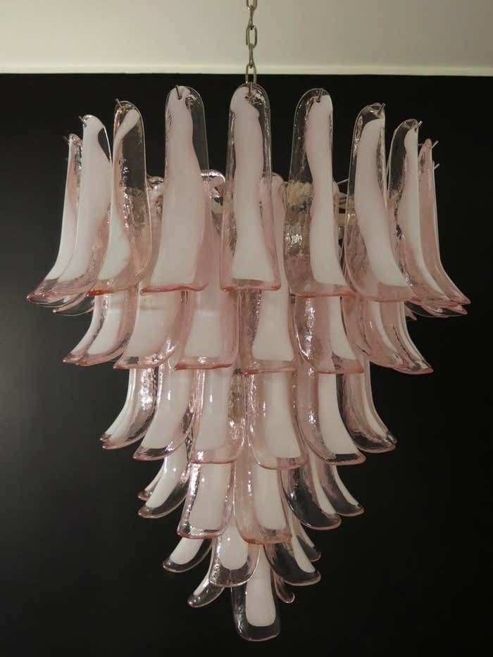 Fabulous Set Of Six Of Italian 75 Pink And White Petal Chandeliers, Murano photo vinterior