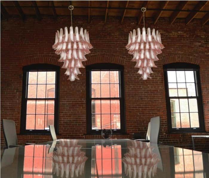 Fabulous Set Of Six Of Italian 75 Pink And White Petal Chandeliers, Murano photo vintage
