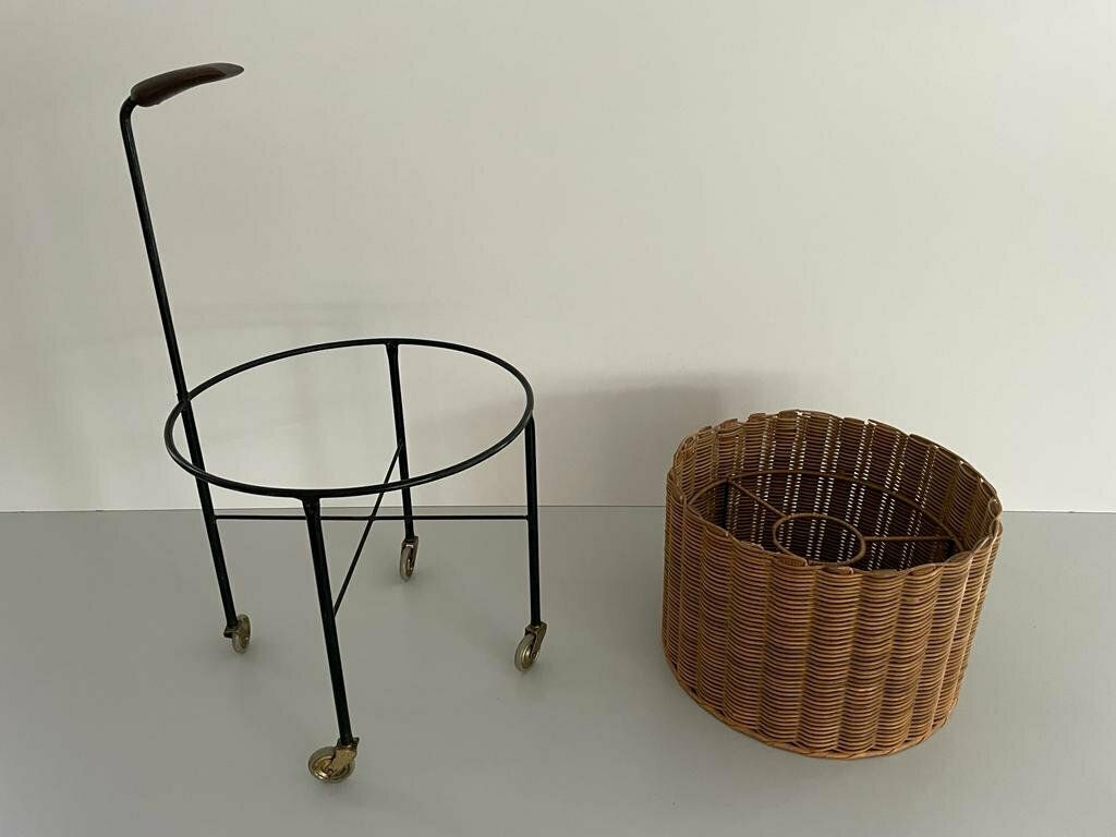 Wicker And Black Metal Round Serving Bar Cart, 1960s, Germany photo vinterior
