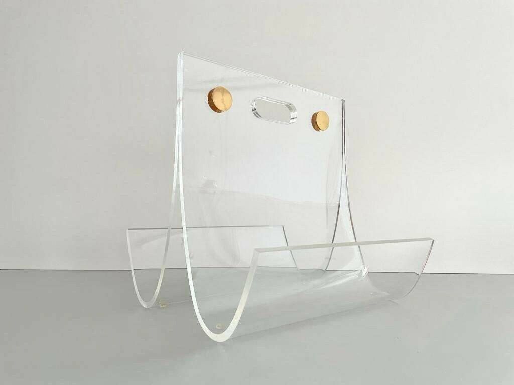 Elegant Heavy Thick Lucite Plexiglass Magazine Rack With Gold Details, 1970s