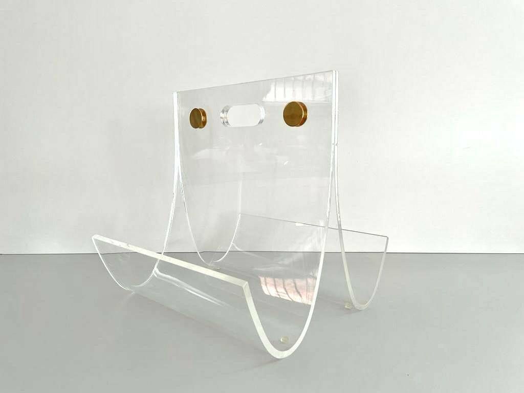 Elegant Heavy Thick Lucite Plexiglass Magazine Rack With Gold Details, 1970s photo furniture