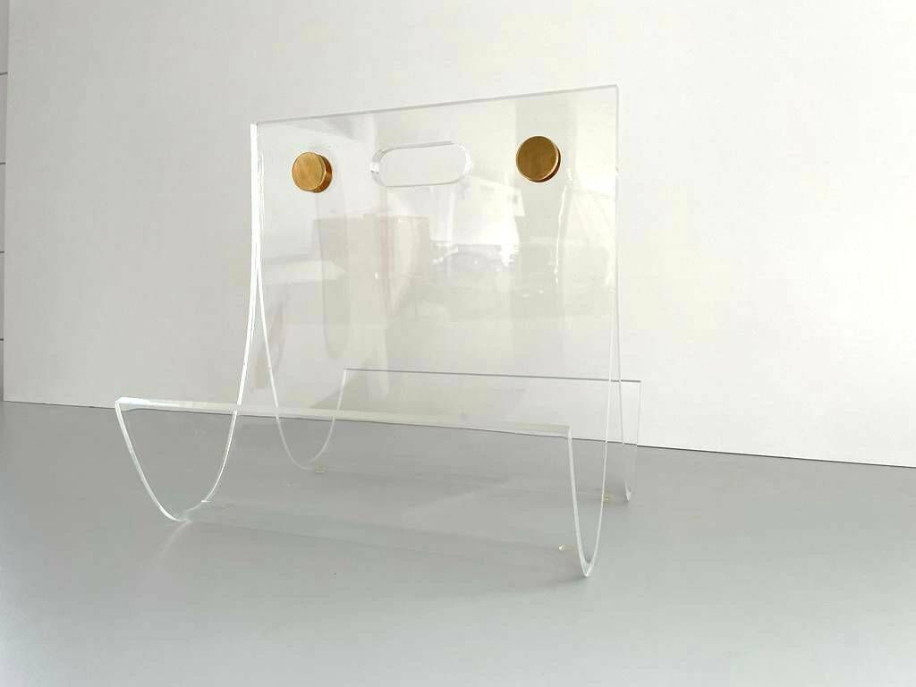 Elegant Heavy Thick Lucite Plexiglass Magazine Rack With Gold Details, 1970s photo 819.0