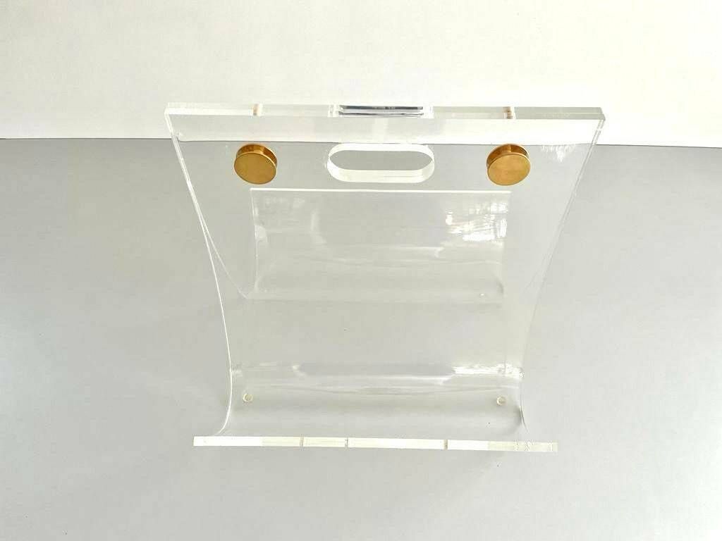photo furniture Elegant Heavy Thick Lucite Plexiglass Magazine Rack With Gold Details, 1970s