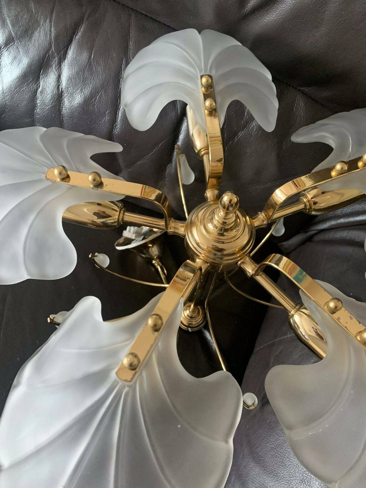 Vintage 80s Brass & Opaque Five Branch Glass Clam/Scallop Shell Chandelier/Ceiling Light C/W Glass Droplets photo buy