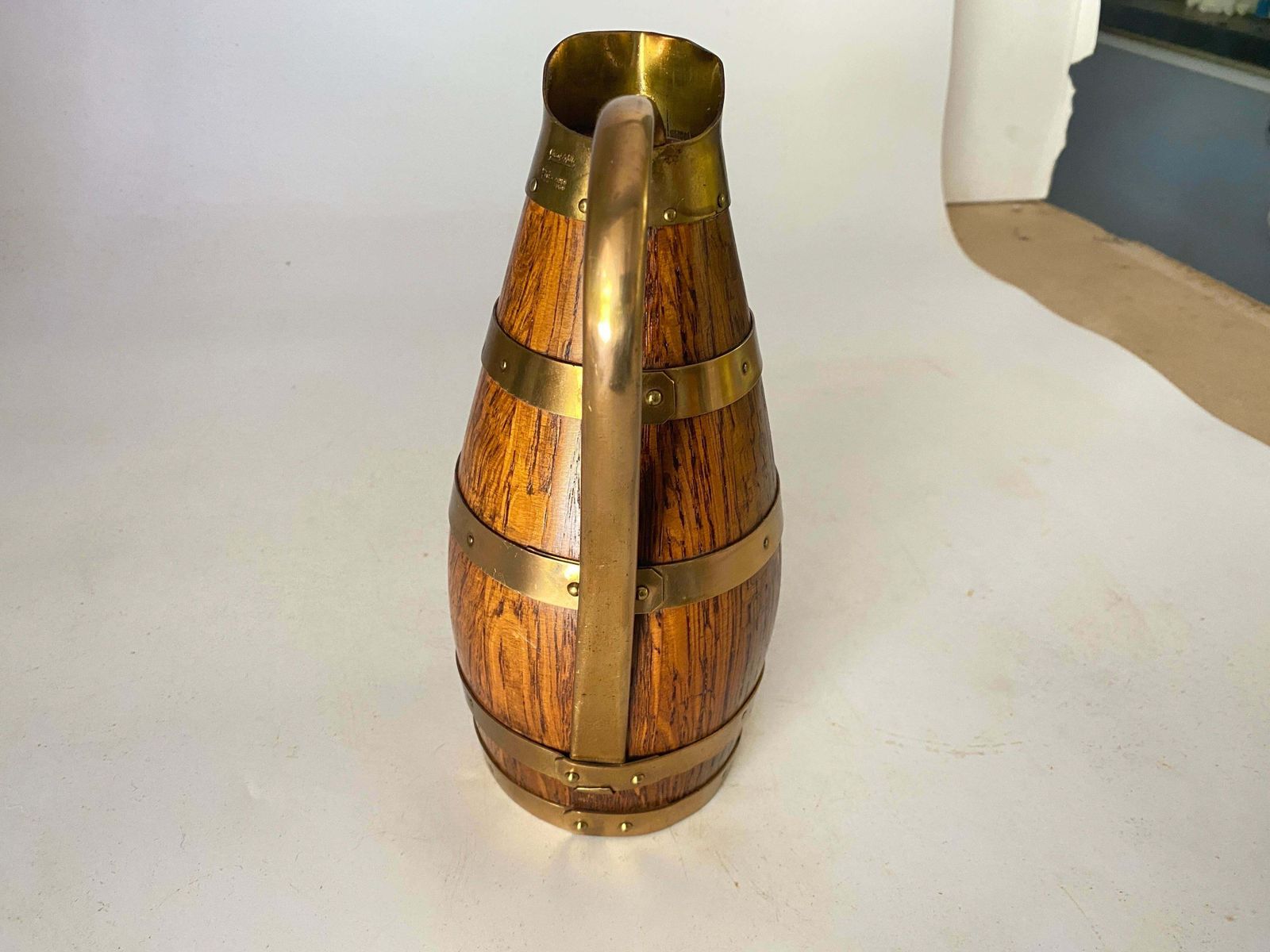 Gerard Lafitte Oak And Brass Barrel Form Pitcher Wooden Jug France 1933 photo vinterior