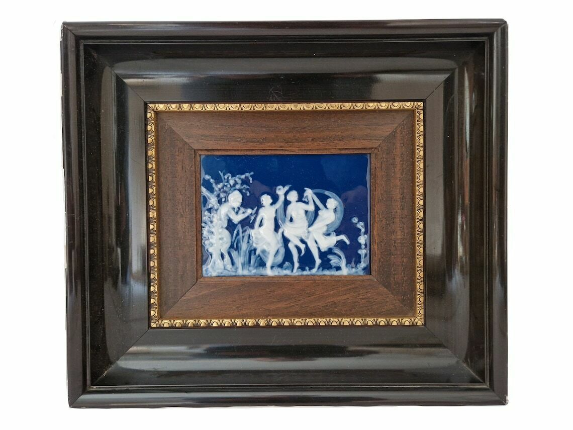 Limoges Porcelain Cameo Of Pan With Dancing Nymphs  Framed Mythology Ceramic Wall Art Hanging photo 274.0