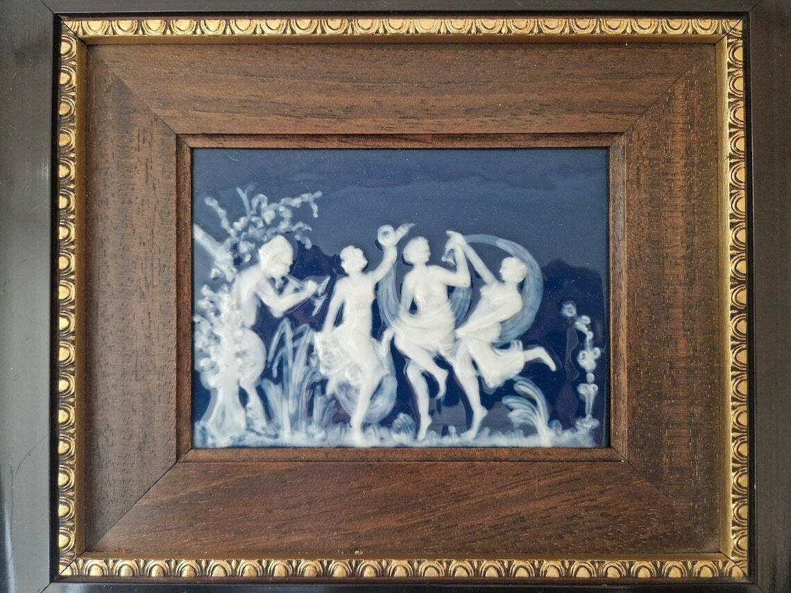 Limoges Porcelain Cameo Of Pan With Dancing Nymphs  Framed Mythology Ceramic Wall Art Hanging photo buy