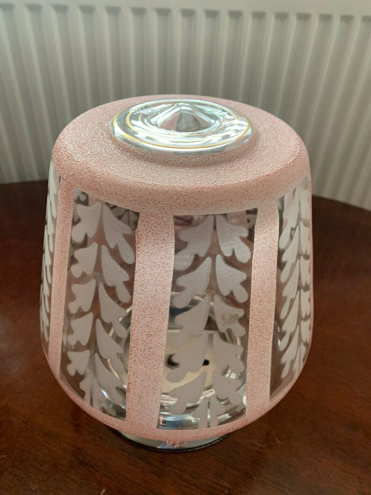 Pair Of Original Art Deco Flush Mount Pendant Ceiling Lights In Pink & White C/W Original Chrome Galleries. photo 495.0