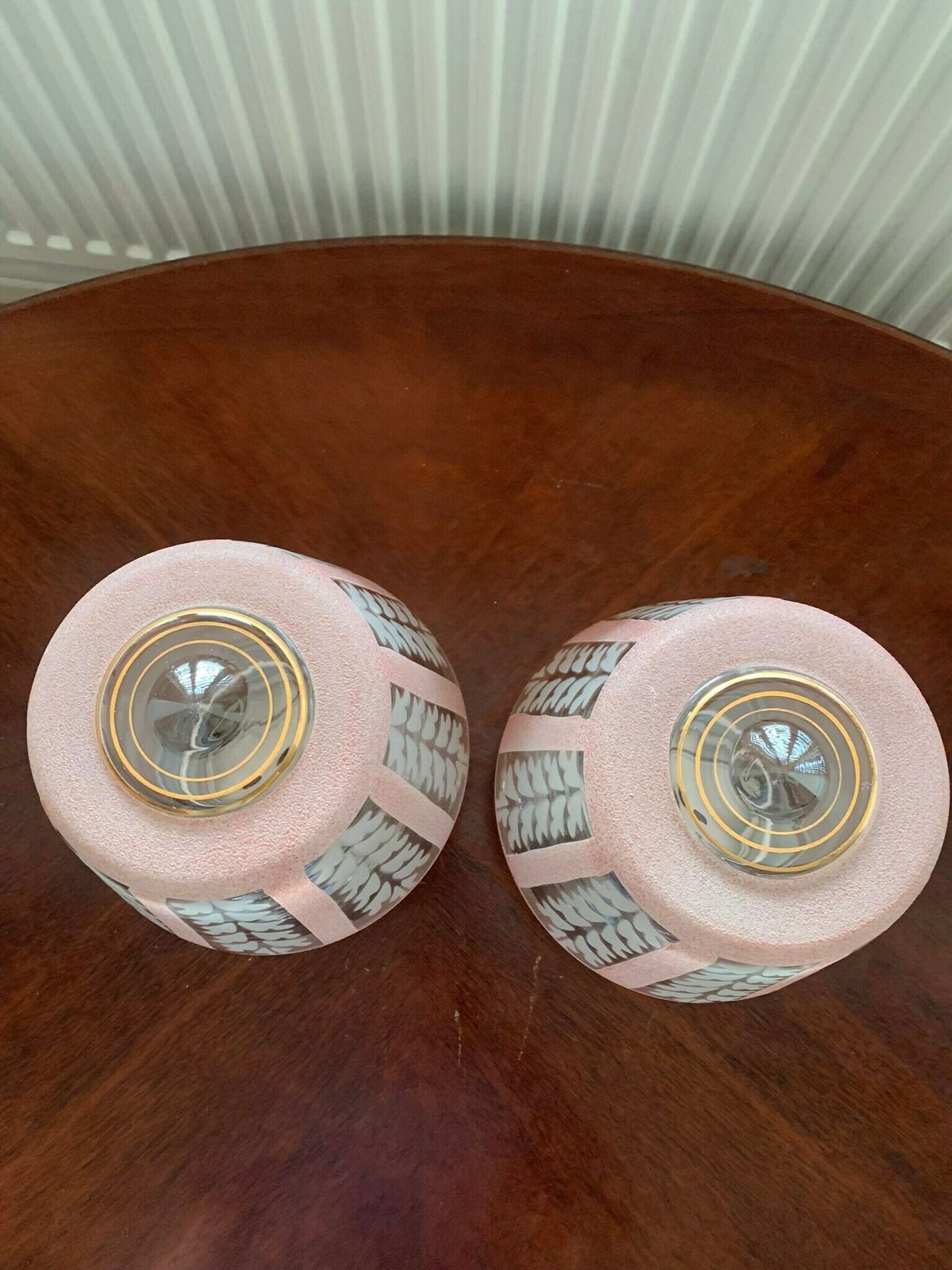 Pair Of Original Art Deco Flush Mount Pendant Ceiling Lights In Pink & White C/W Original Chrome Galleries. photo vinterior