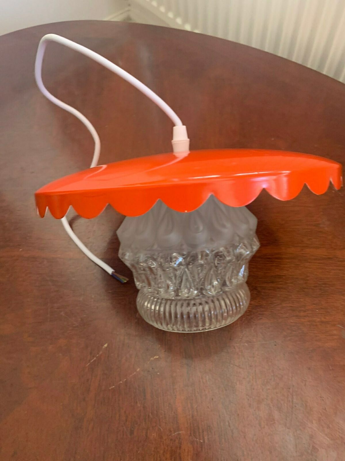 Original Scarce Vintage French 60s Orange Enamel & Semi Frosted Kitchen Pendant Light. photo Lighting