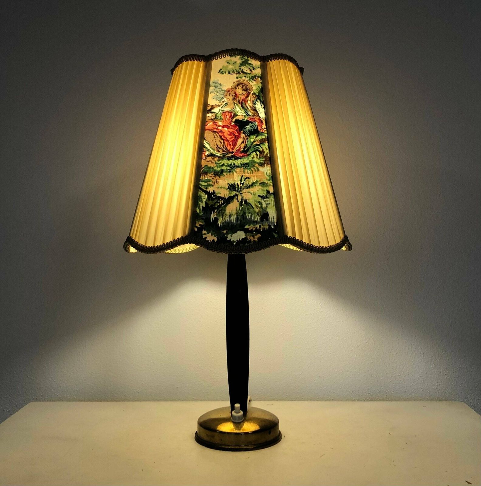 Danish Original Art Deco Design Wood And Brass Table Lamp With Vintage Painted Shade