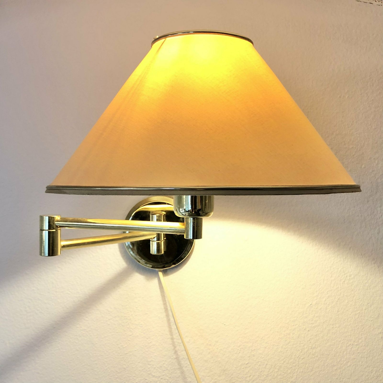 Mid Century Danish Swing Arm Design Wall Lamp In Brass With Original Vintage Beige Fabric Shade With Gold Details
