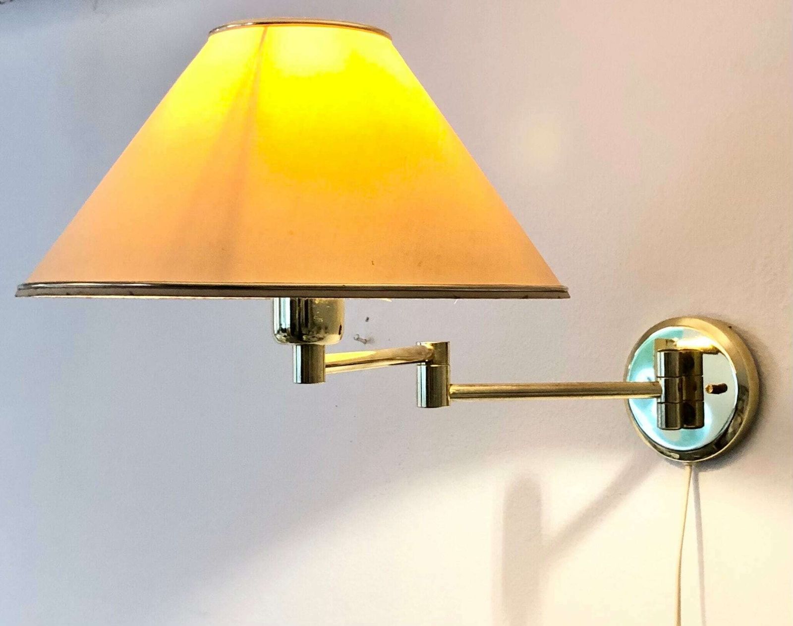 Mid Century Danish Swing Arm Design Wall Lamp In Brass With Original Vintage Beige Fabric Shade With Gold Details photo for sale