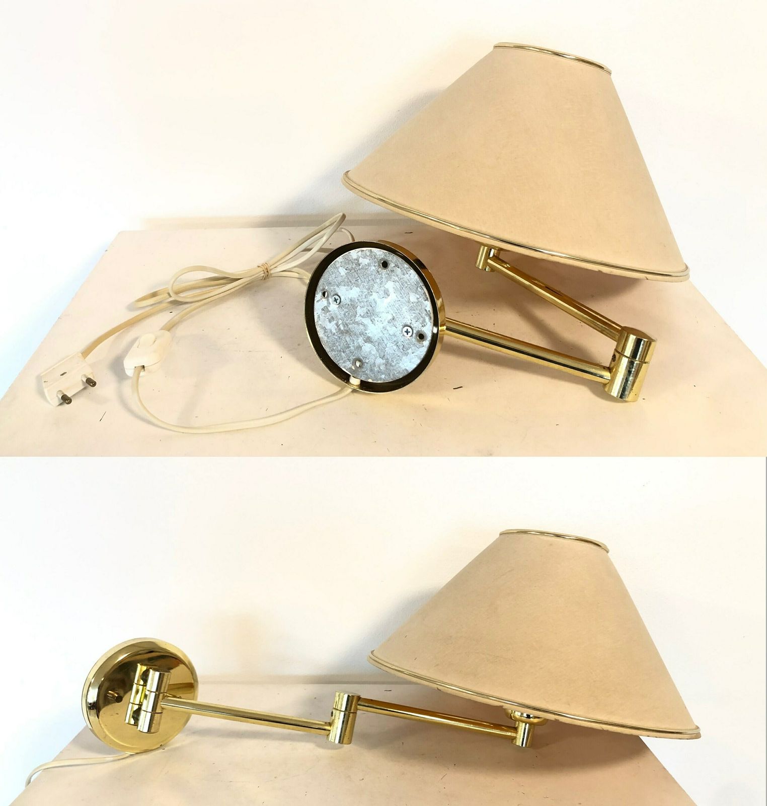Mid Century Danish Swing Arm Design Wall Lamp In Brass With Original Vintage Beige Fabric Shade With Gold Details photo buy