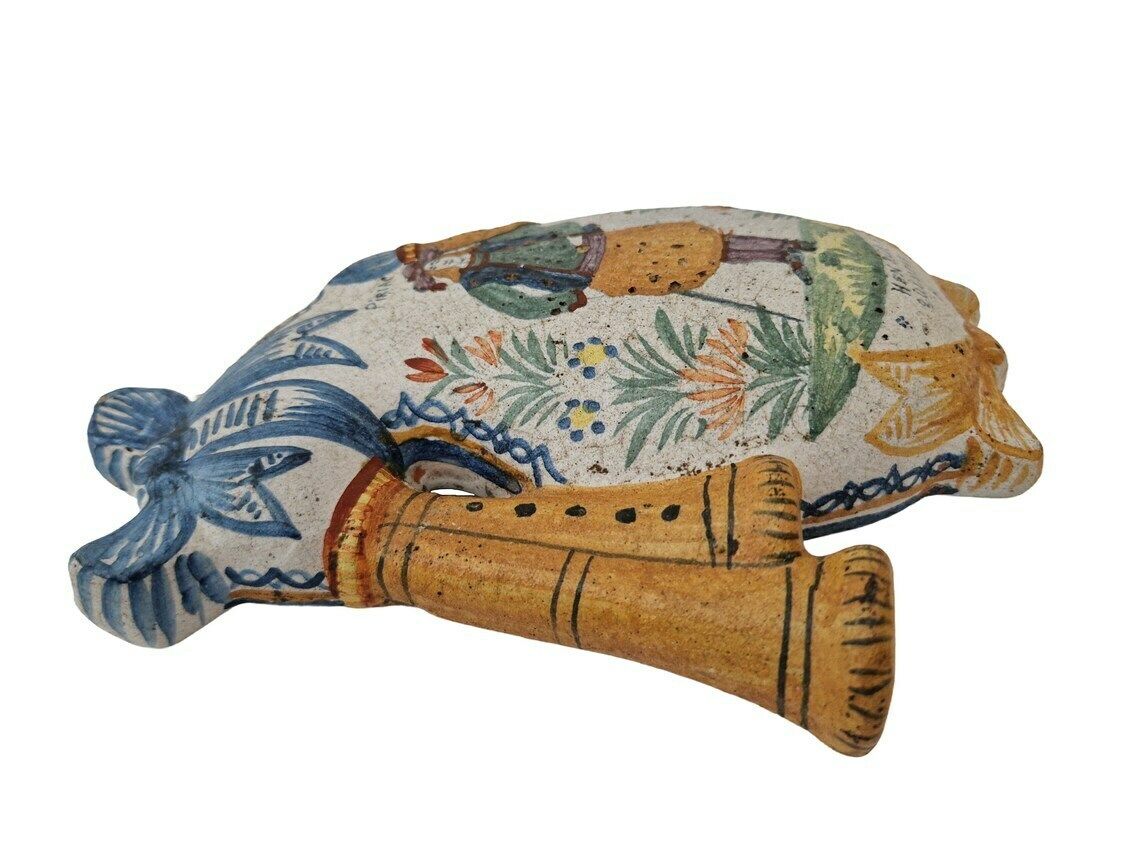 Henriot Quimper Faience Wall Pocket Bagpipe Vase, Hand Painted French Pottery Breton Souvenir photo for sale