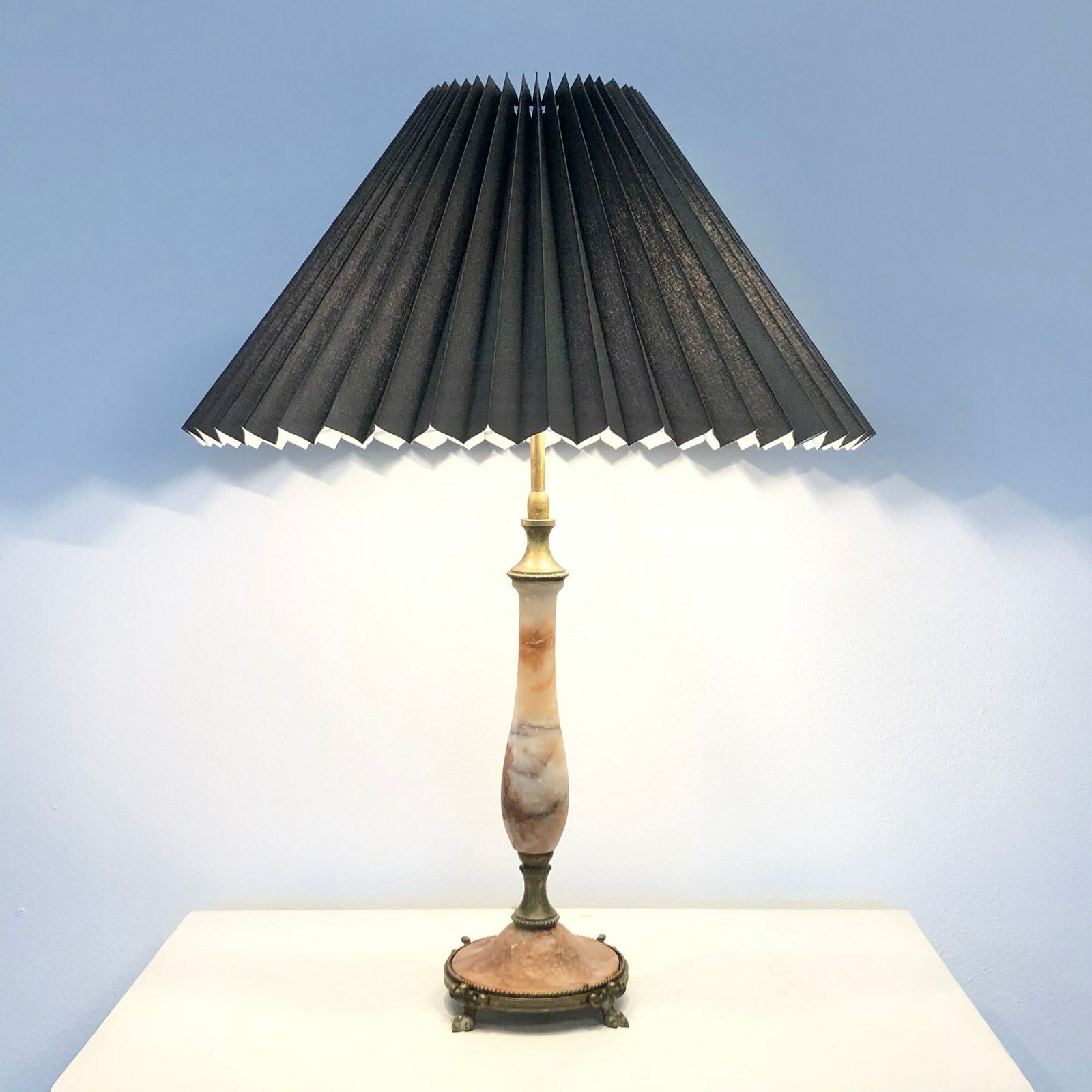 Exclusive Vintage Red Alabaster Art Deco Table Lamp With Gorgeous Brass Details And Dark Pleated Fabric Shade