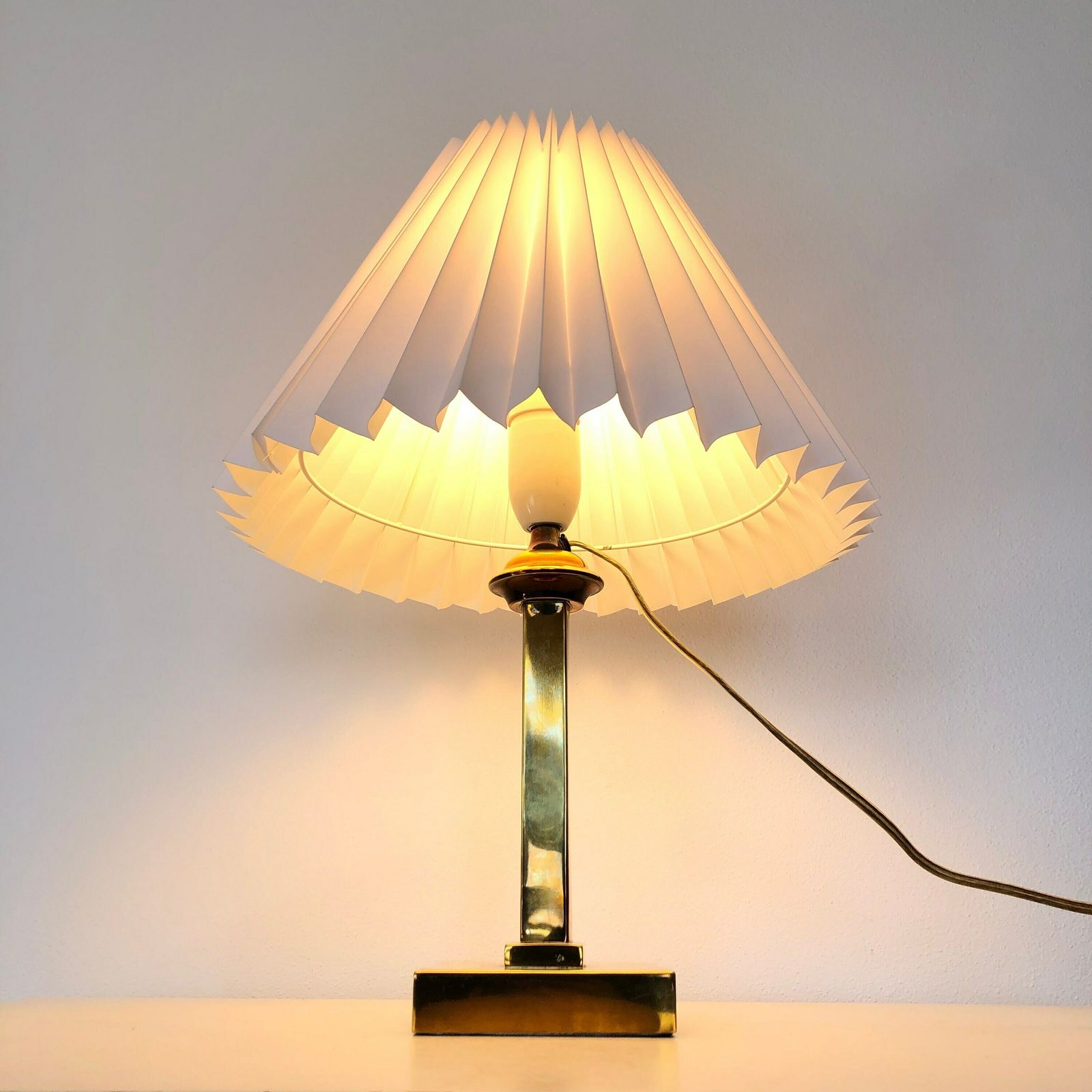 Danish Elegant Vintage Art Deco Table Lamp With Brass Base And White Pleated Shade photo furniture