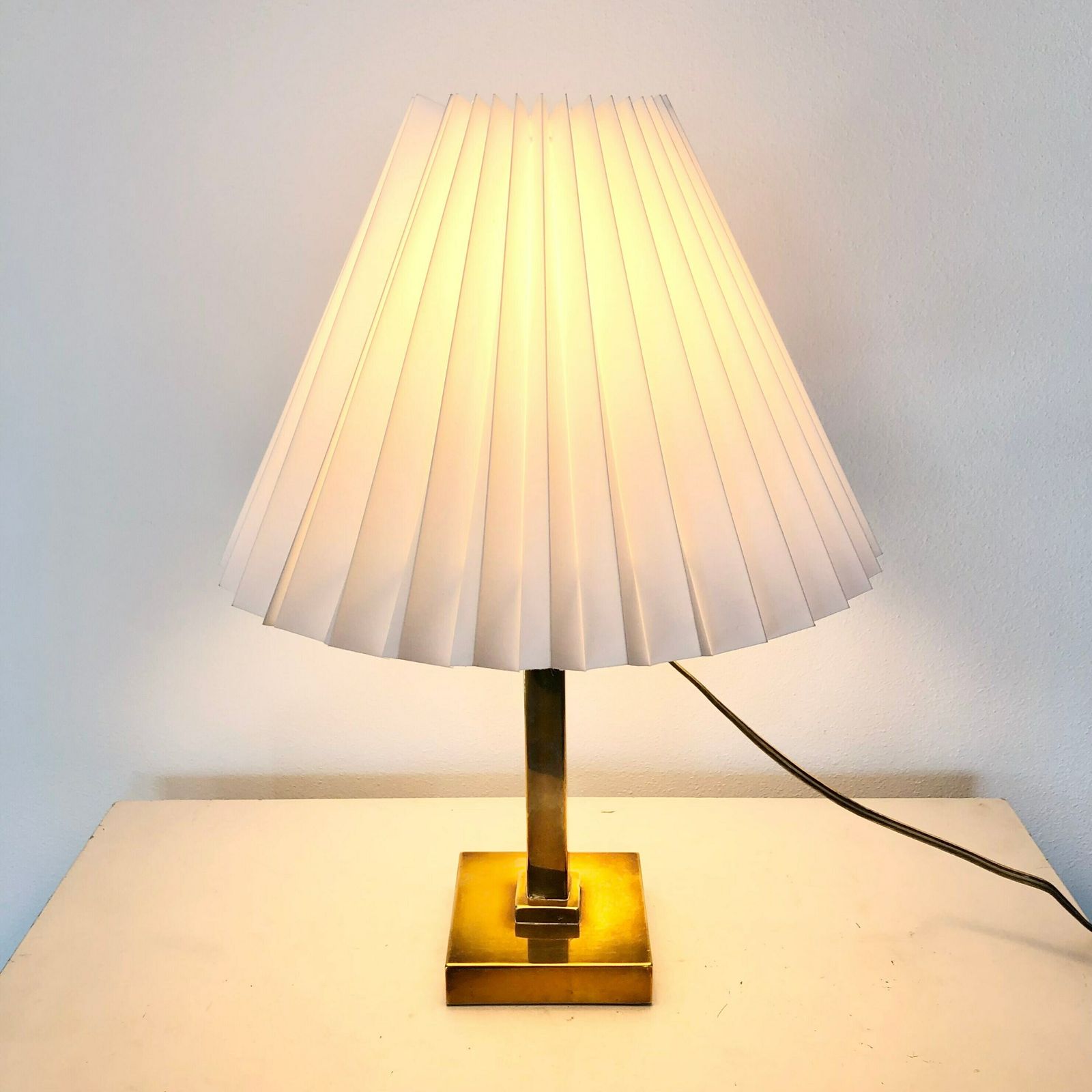 Danish Elegant Vintage Art Deco Table Lamp With Brass Base And White Pleated Shade photo Lighting