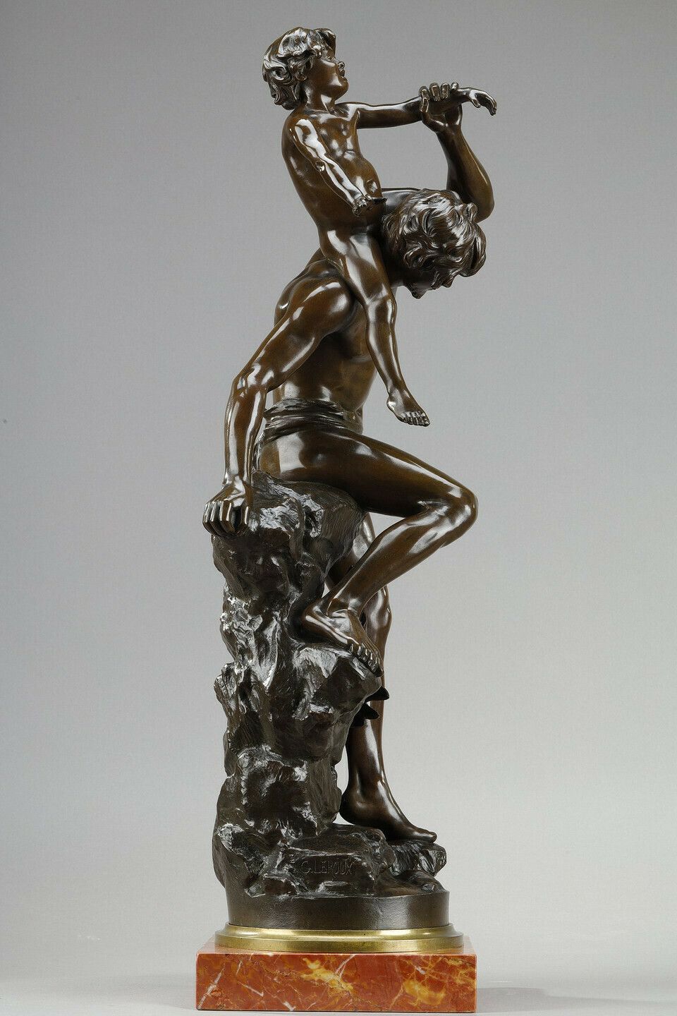 Brown Patina Bronze Of A Man Carrying A Child On His Back, By Gaston Leroux (1854 1942) photo vintage