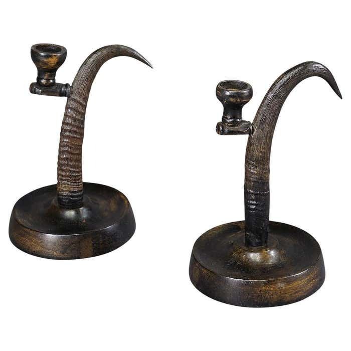 A Pair Lovely Antique Candle Holders With Chamois Horns