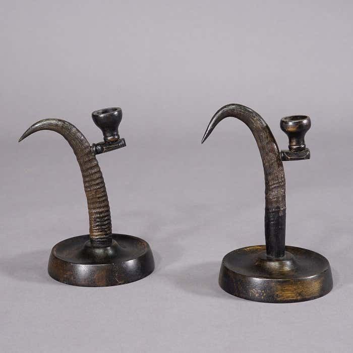 A Pair Lovely Antique Candle Holders With Chamois Horns photo Home Decor