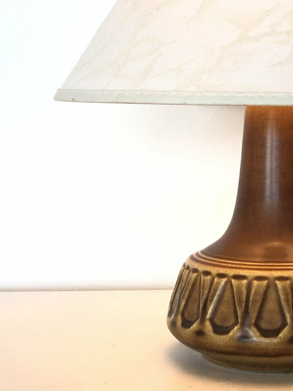 Beautiful Danish Stoneware Mid Century Table Lamp In Brown Glaze With Pattern And A Pleated Vintage Fabric Shade photo for sale