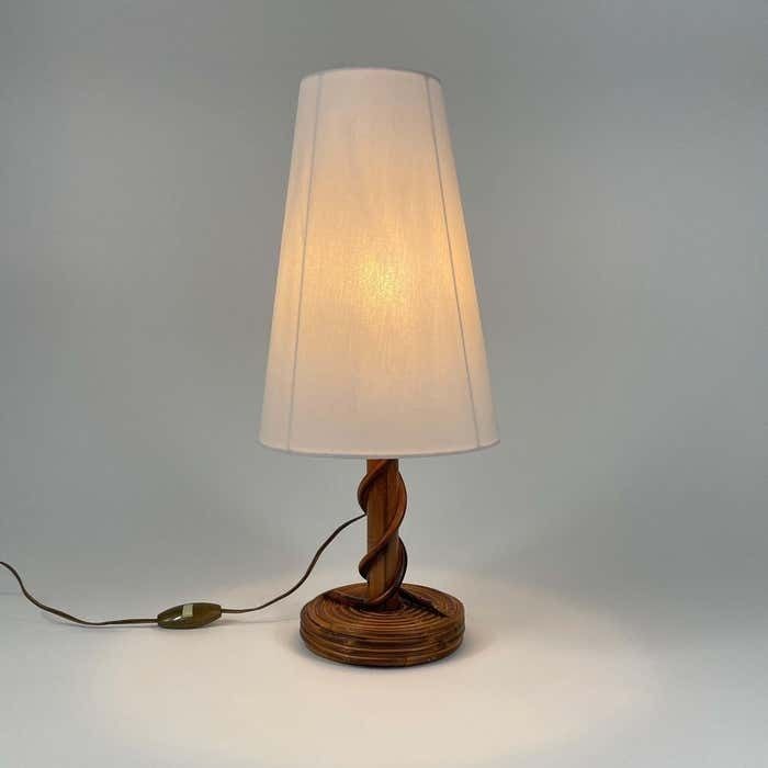 Louis Sognot Rattan Bamboo Fabric Table Lamp, France 1950s photo for sale