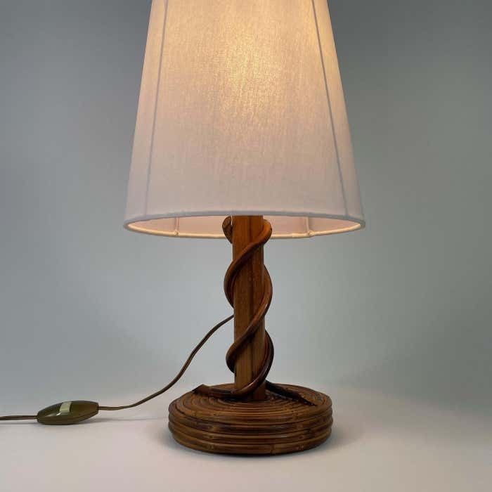 Louis Sognot Rattan Bamboo Fabric Table Lamp, France 1950s photo Lighting