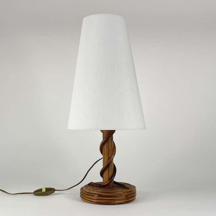 photo vinterior Louis Sognot Rattan Bamboo Fabric Table Lamp, France 1950s