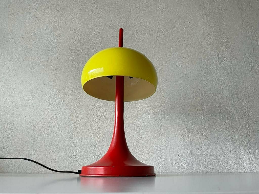 Italian Yellow Glass & Red Metal Iconic Model Pop Art Table Lamp, 1970s, Italy photo for sale