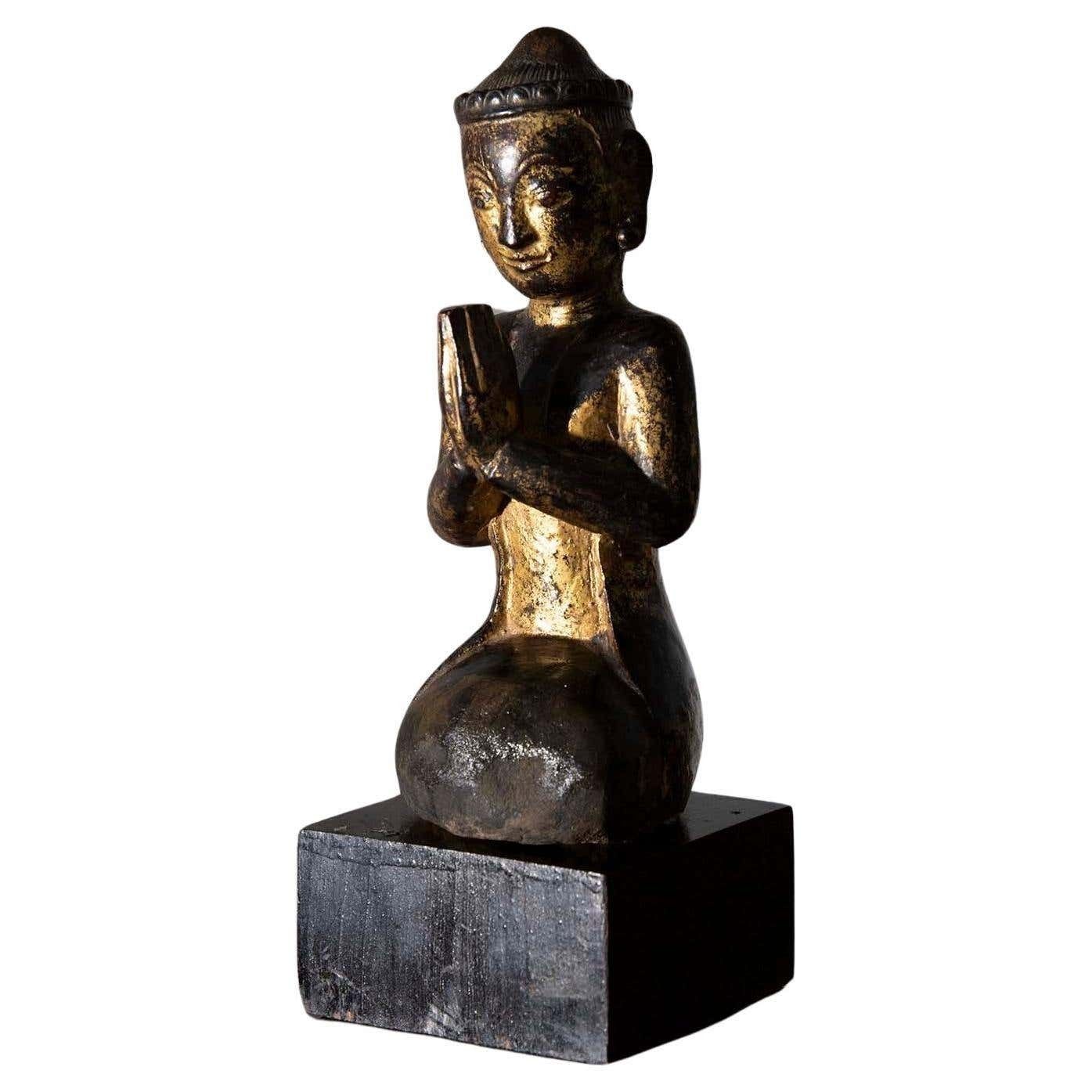 Lacquered Wooden Sculpture Depicting Burma Praying, Early 19th Century