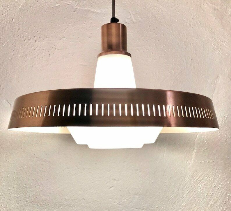 Mid Century Danish Copper Colored Ceiling Lamp With Opal Glass   Design From Lyfa